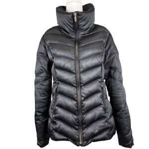 Eddie Bauer Womens Premium Goose Down Puffer Jacket Black Small Zip Sleeve Cuffs